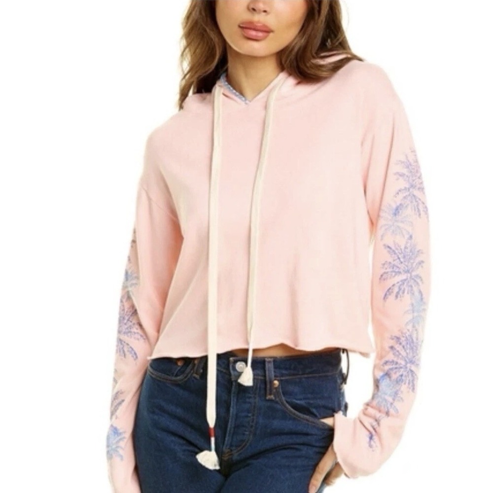 Wildfox Hoodie Women Medium Pink Excellent Palm Tree Print Cropped Raw Hem Boho